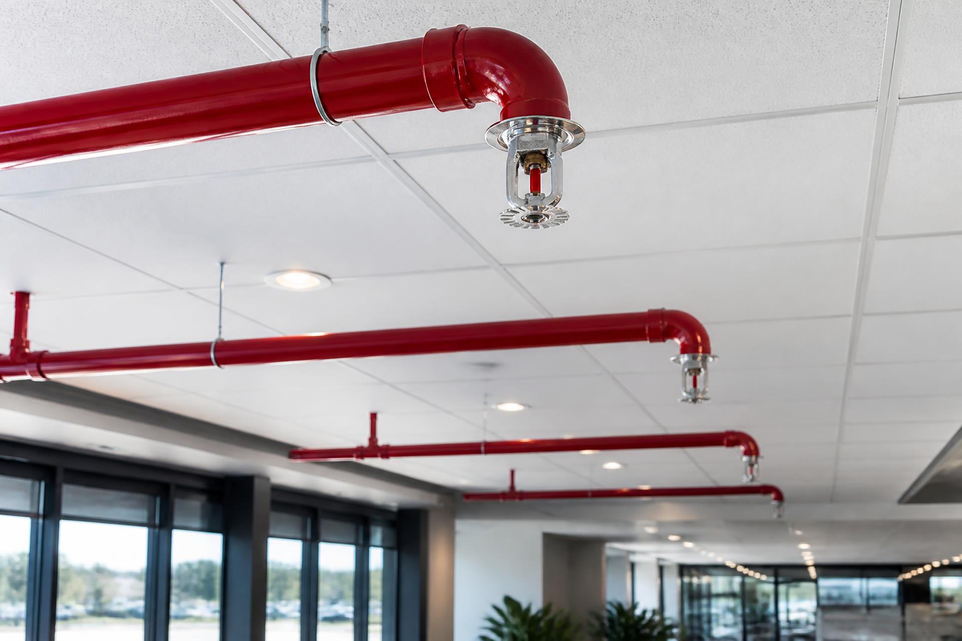 Fire sprinkler piping and heads installed along a commercial ceiling