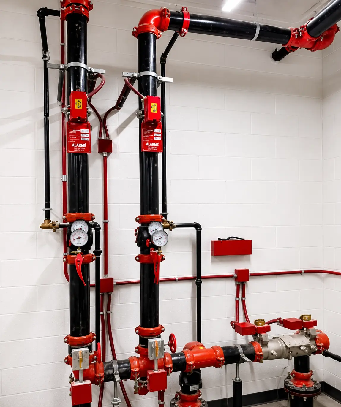 Technician reviewing fire sprinkler system plans on a job site